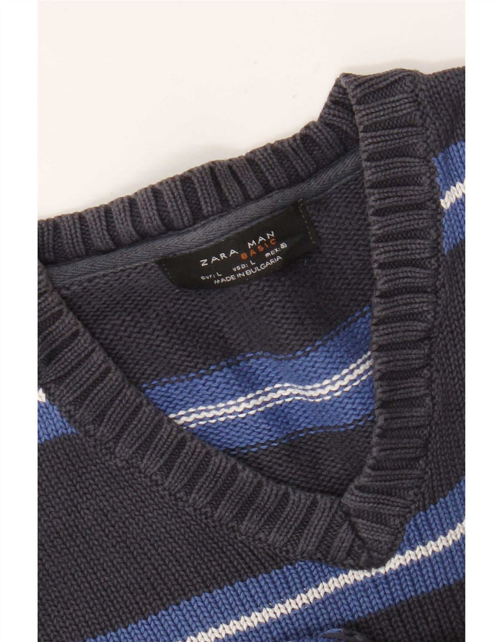 Zara Pull à col en V pour homme Large Rayé Gris