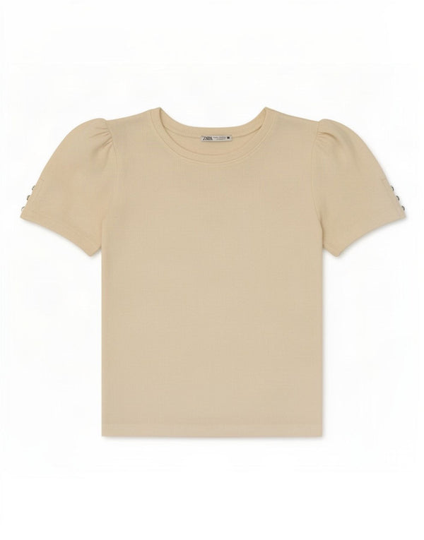 Zara Femme T-Shirt Top UK 10 Small Beige Viscose