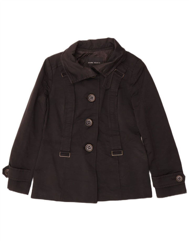 Zara Womens Short Trench Coat UK 14 Large Noir Coton