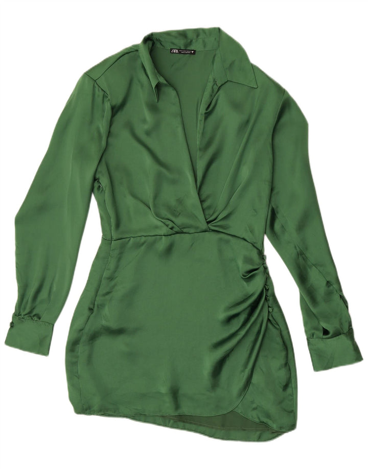 Zara Robe chemise à manches longues pour femme UK 12 Polyester vert moyen
