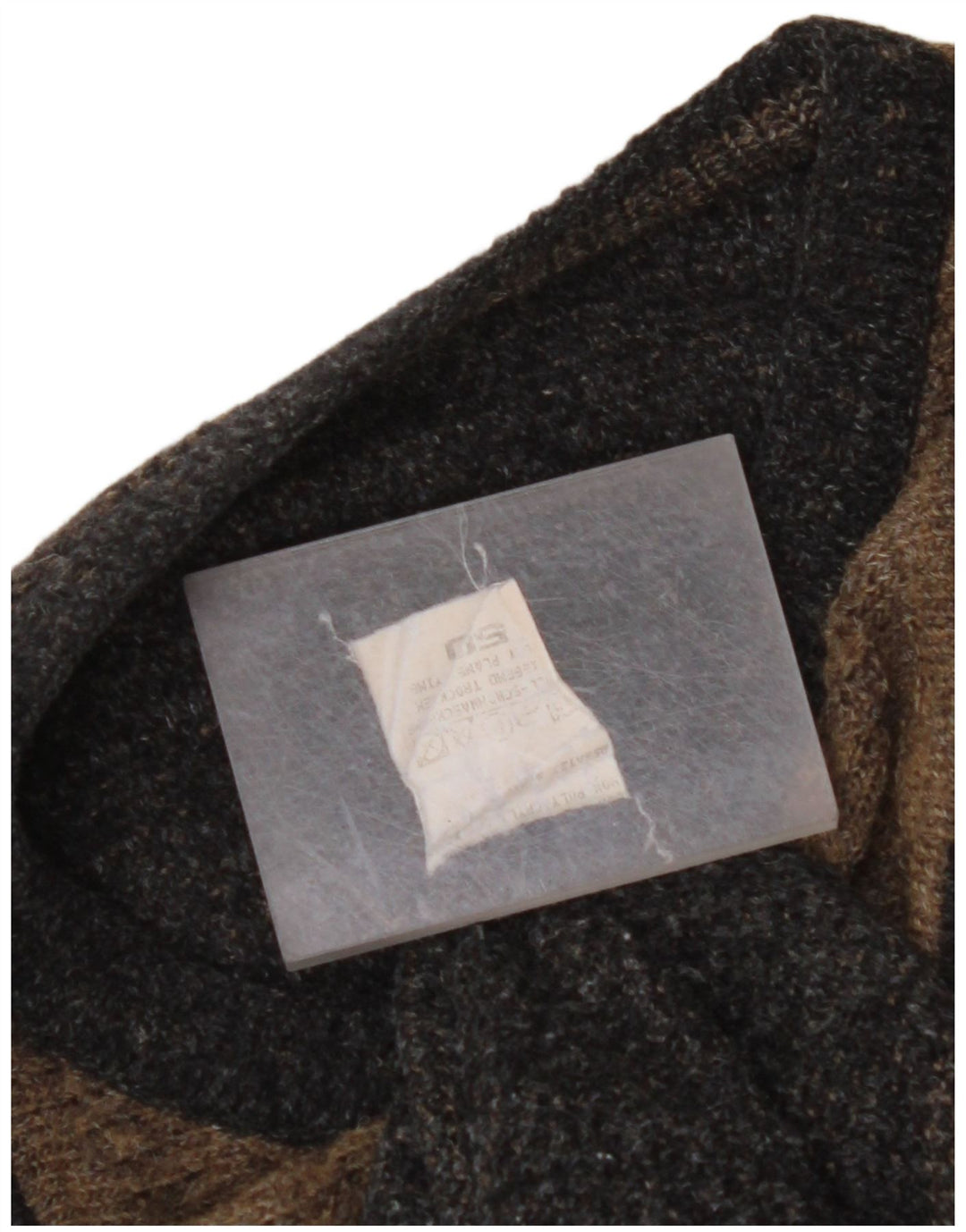 VINTAGE Pull ras du cou pour homme IT 50 Grande laine géométrique marron