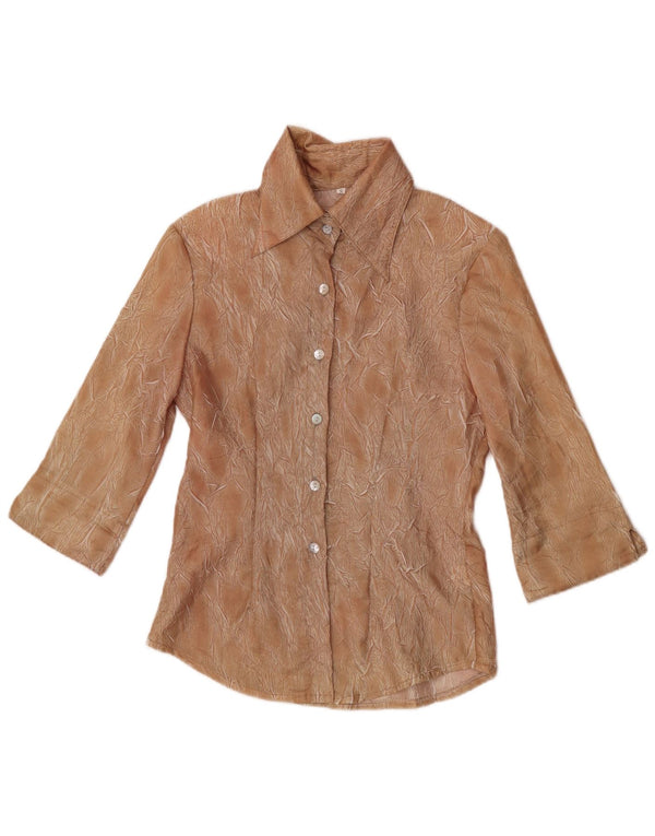 vintage Femmes Motif Abstrait 3/4 Manches Chemise Blouse UK 10 Petit Marron