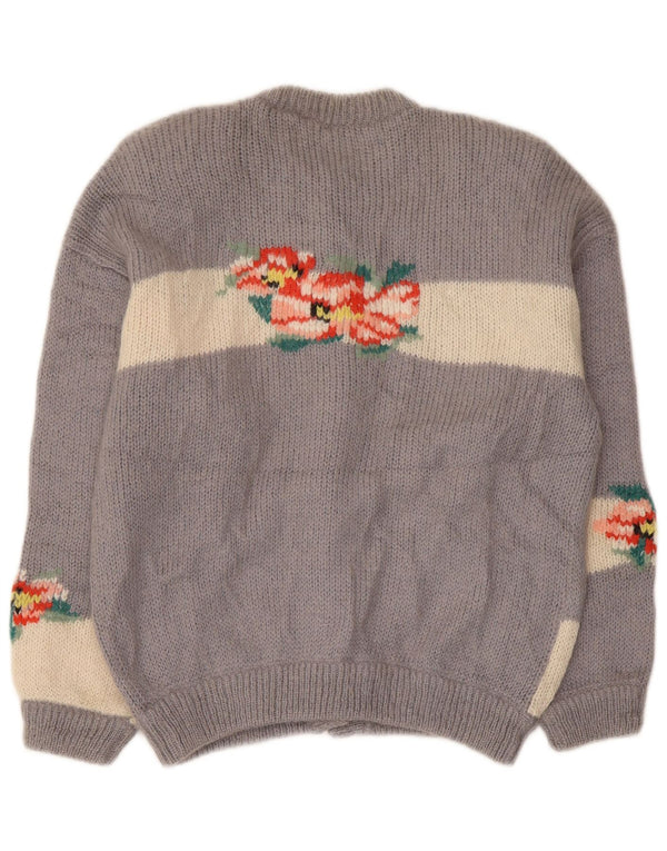vintage Femme Cardigan Pull UK 14 Moyen Gris Floral Mohair
