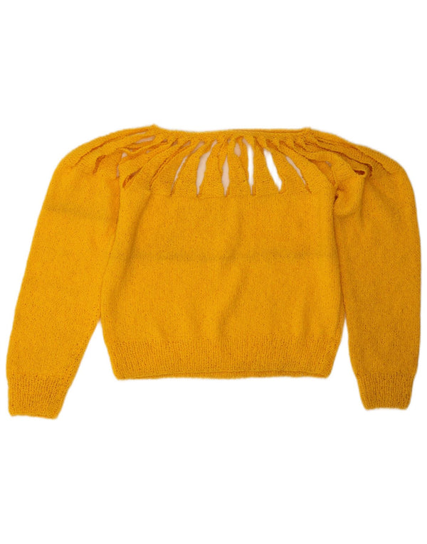 vintage Womens Crop Boat Neck Jumper Pull UK 14 Jaune Moyen
