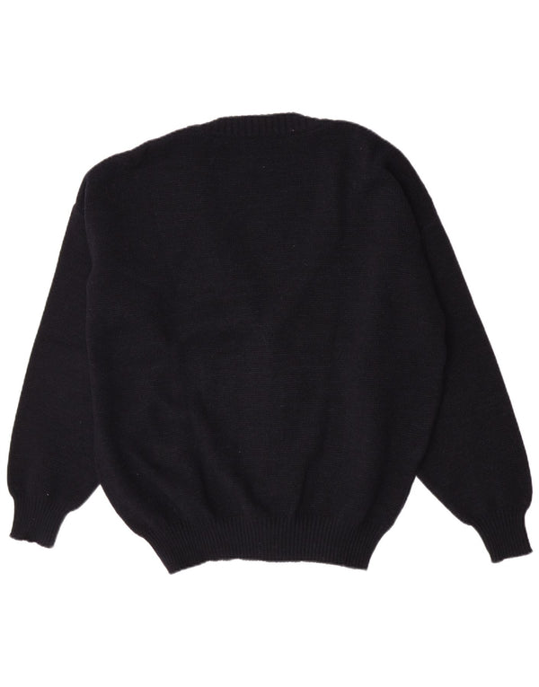 vintage Mens Cardigan Sweater Grand Bleu Marine Géométrique Acrylique Rétro