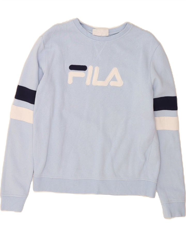 FILA Womens Graphic Sweatshirt Jumper UK 14 Medium Blue Cotton Vintage Fila and Second-Hand Fila from Messina Hembry 