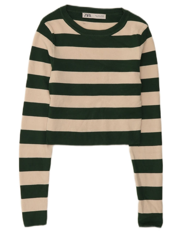Zara Womens Crop Top Manches Longues UK 8 Petite Viscose Rayée Verte