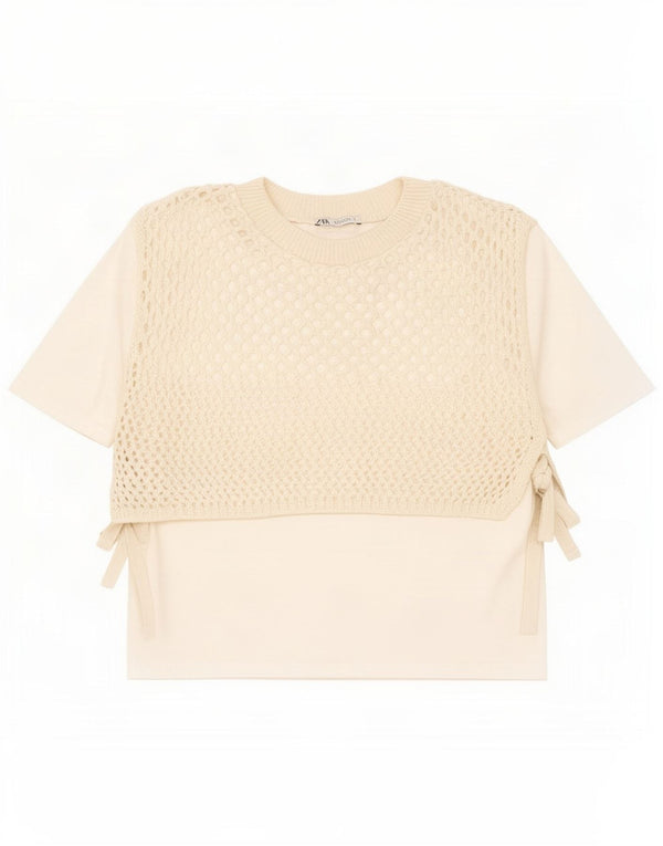 Zara Womens Crochet Blouse Top UK 10 Petit Beige
