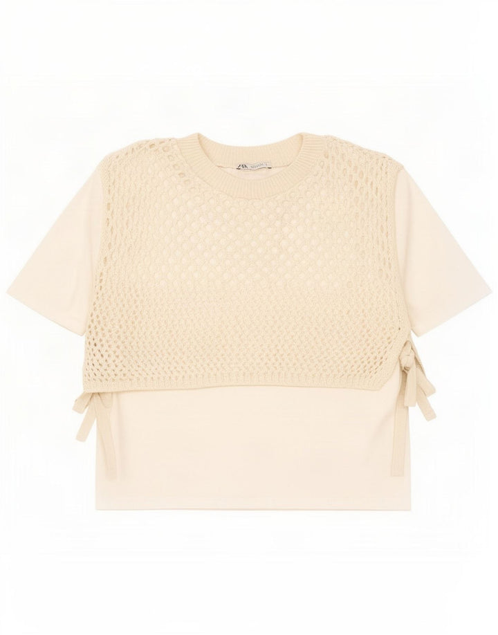 Zara Womens Crochet Blouse Top UK 10 Petit Beige