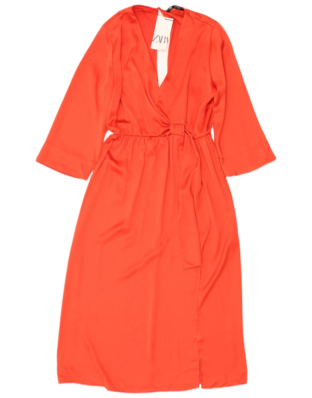 ZARA Robe longue à manches 3/4 pour femme UK 16 Large Orange Polyester