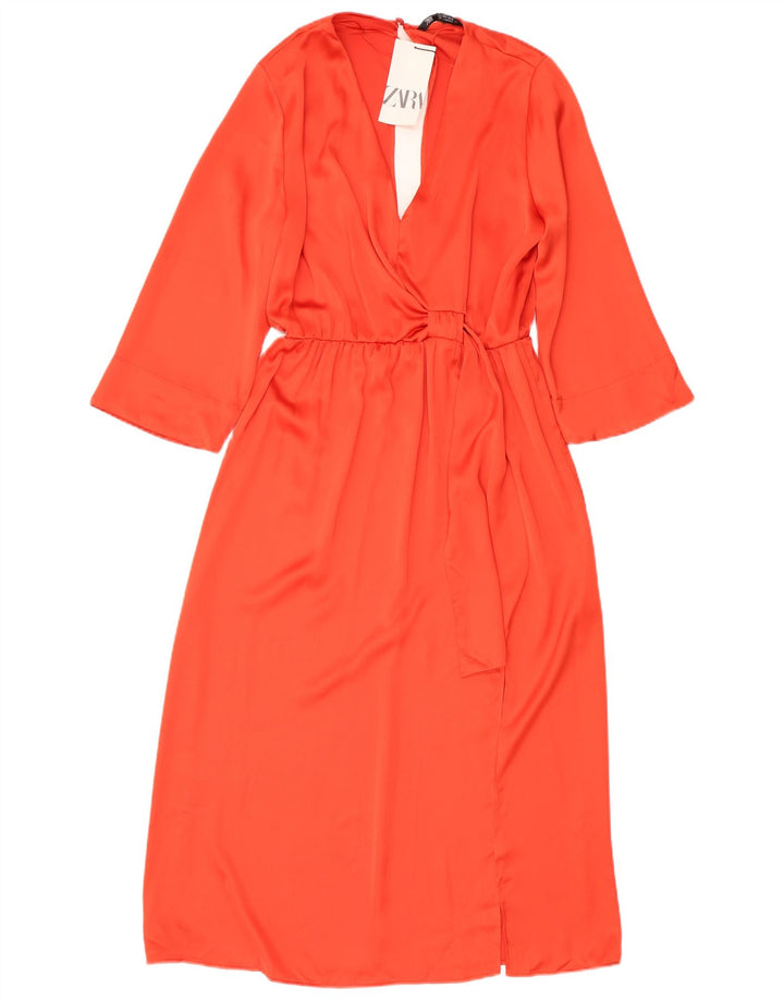 ZARA Robe longue à manches 3/4 pour femme UK 16 Large Orange Polyester
