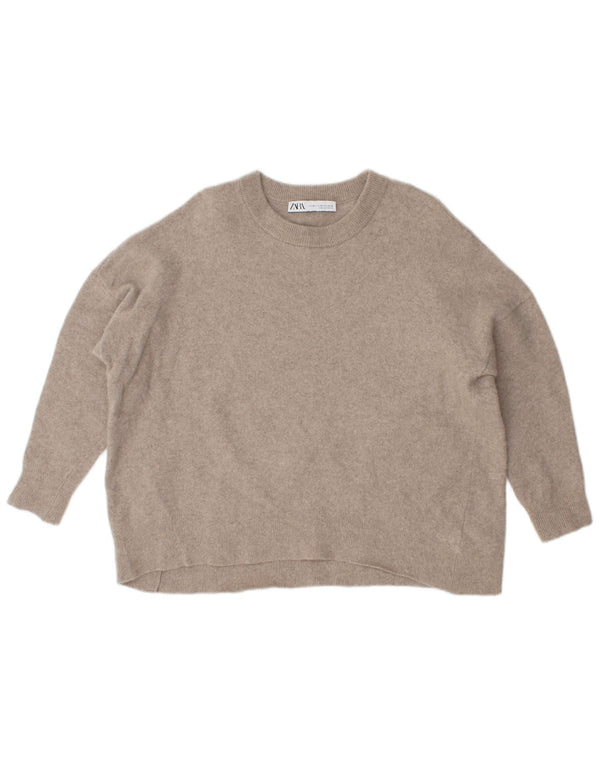 Zara Pull surdimensionné à col rond pour femme UK 12 en laine beige moyen