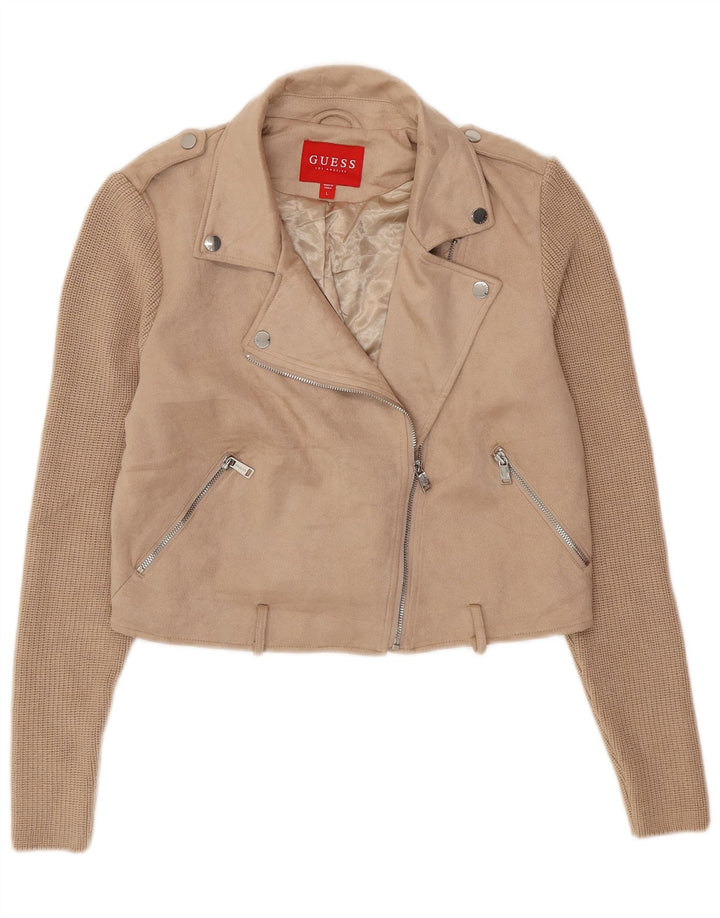 GUESS Veste de motard en tricot court pour femme UK 16 Large Beige