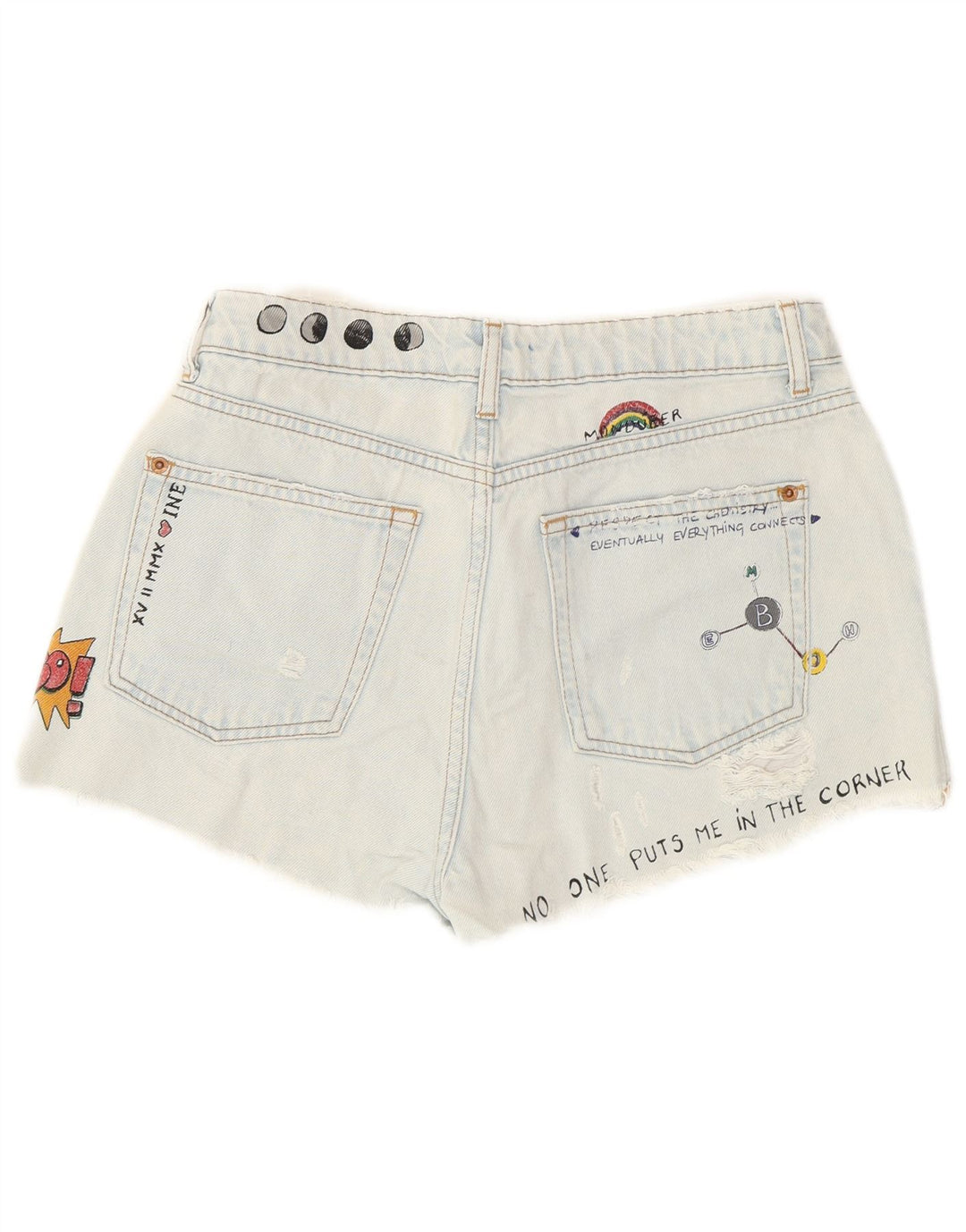 Pull & Bear Short en jean graphique vieilli pour femme EU 36 XS W26 Bleu