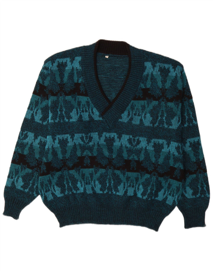 vintage Homme Col V Pull Pull IT 50 Bleu Moyen Fair Isle