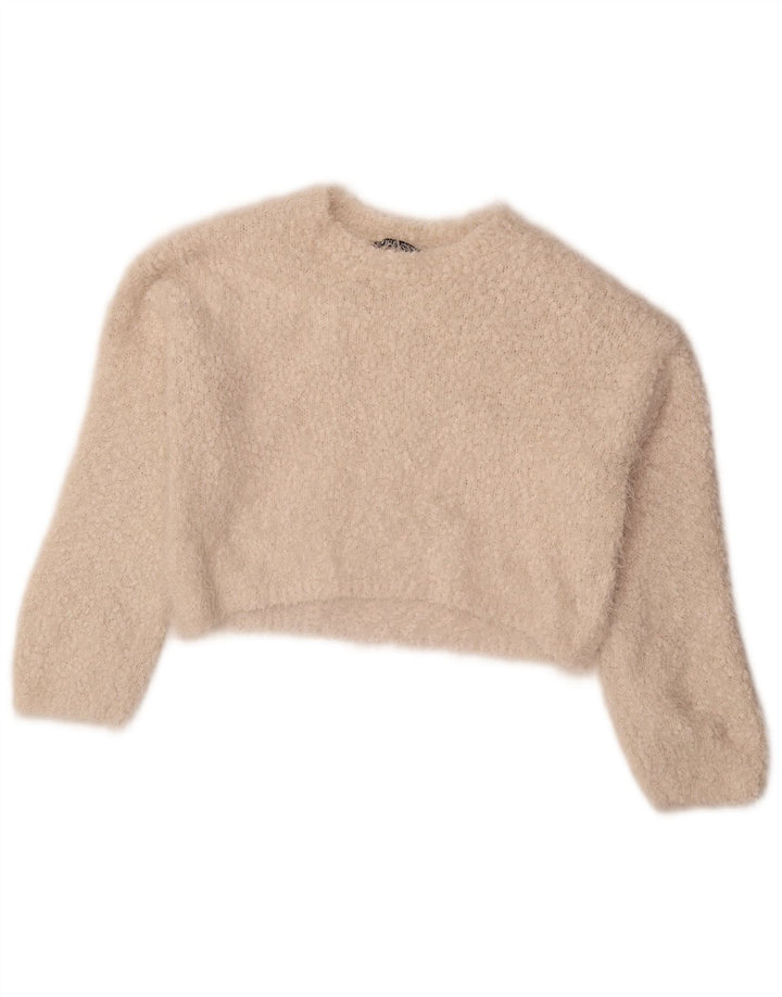 Zara Womens Crop Crew Neck Jumper Pull UK 10 Petit Blanc Polyester