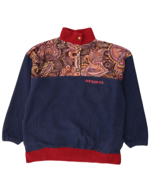 vintage Femmes Bouton Cou Polaire Jumper UK 20 2XL Bleu Marine Paisley Rétro