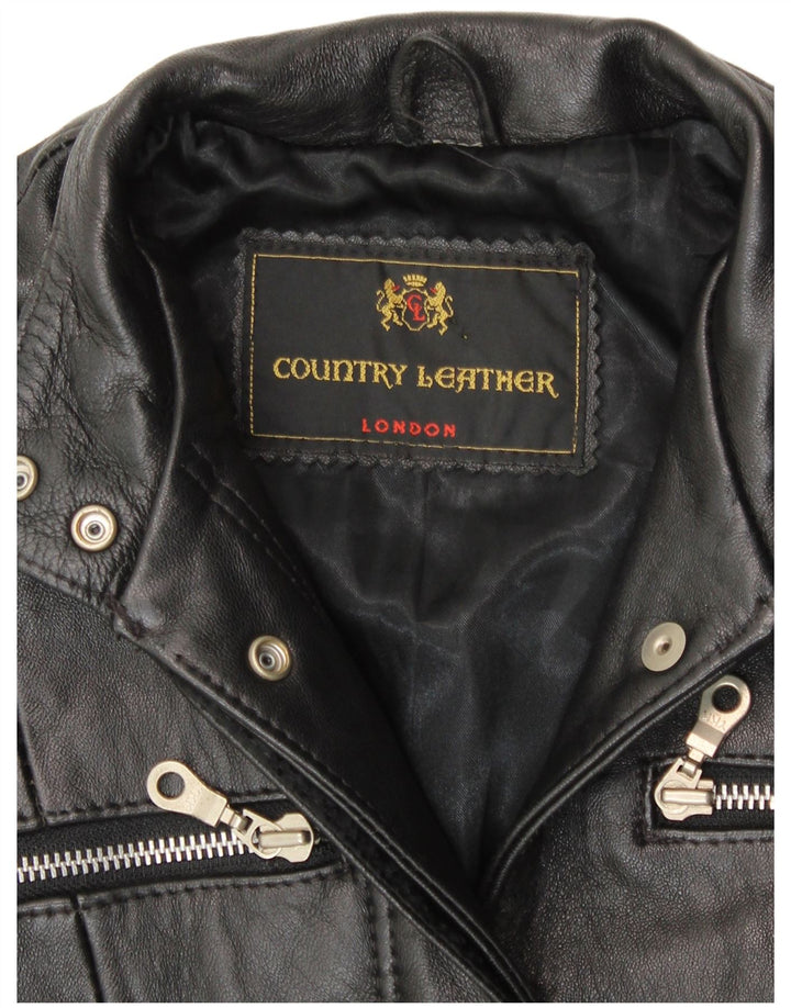 VINTAGE Manteau en cuir femme UK 8 Petit cuir noir