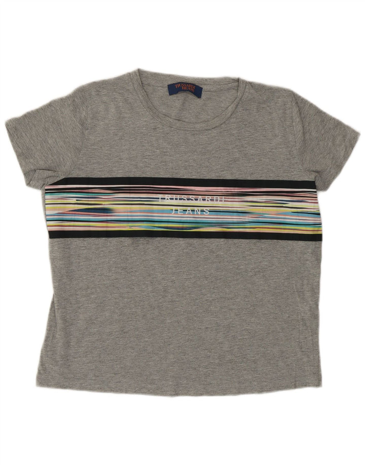 Trussardi Femme Crop Graphic T-Shirt Top UK 14 Gris Moyen Rayé