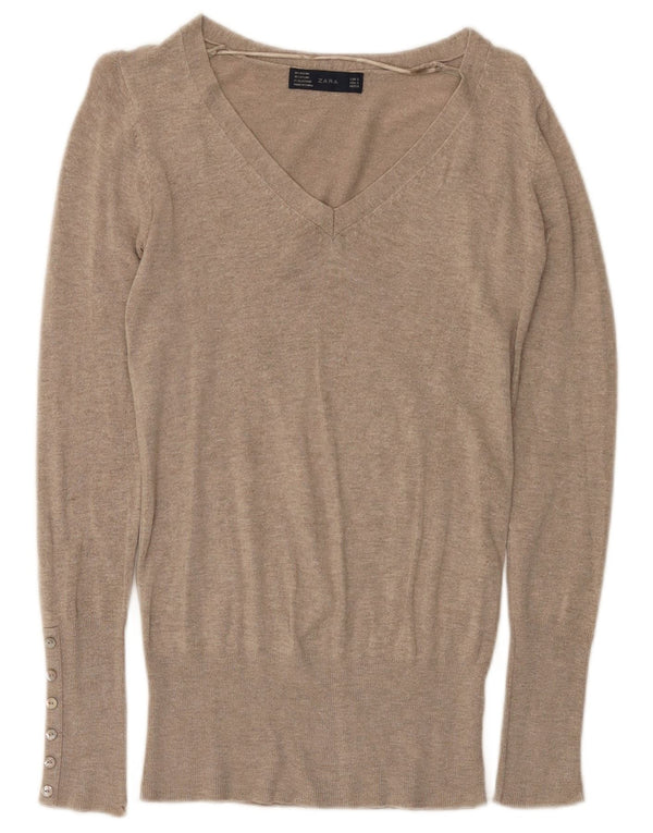 Zara Pull col en V pour femme UK 10 Petite rayonne mouchetée grise