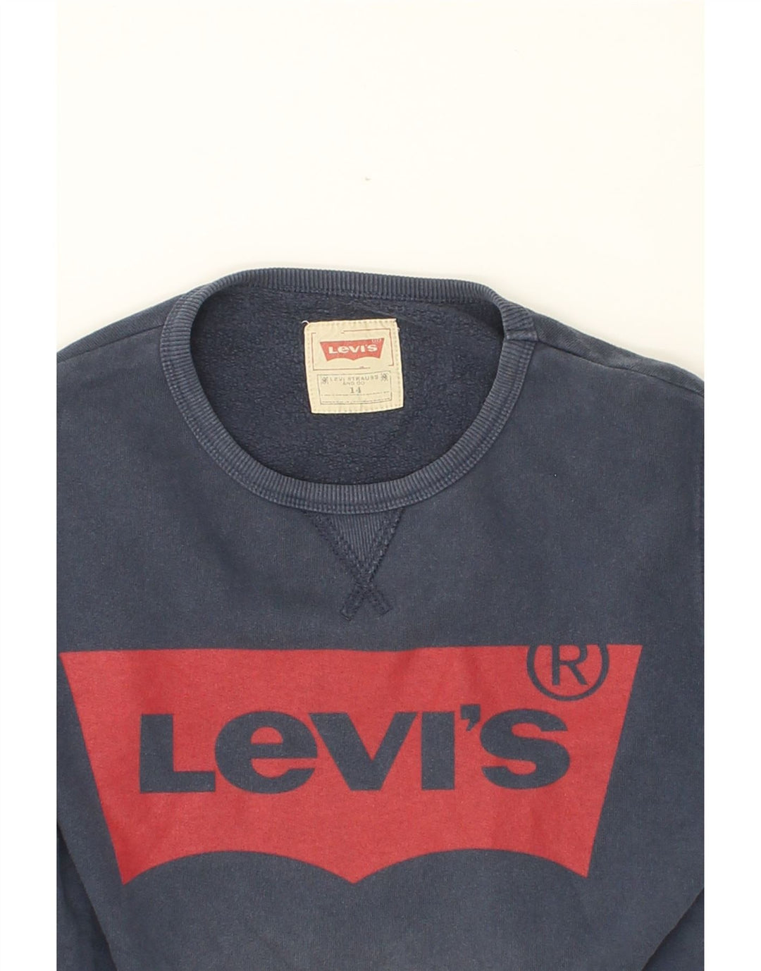 LEVI'S Boys Graphic Sweatshirt Jumper 13-14 Years Navy Blue Cotton Vintage Levi's and Second-Hand Levi's from Messina Hembry 