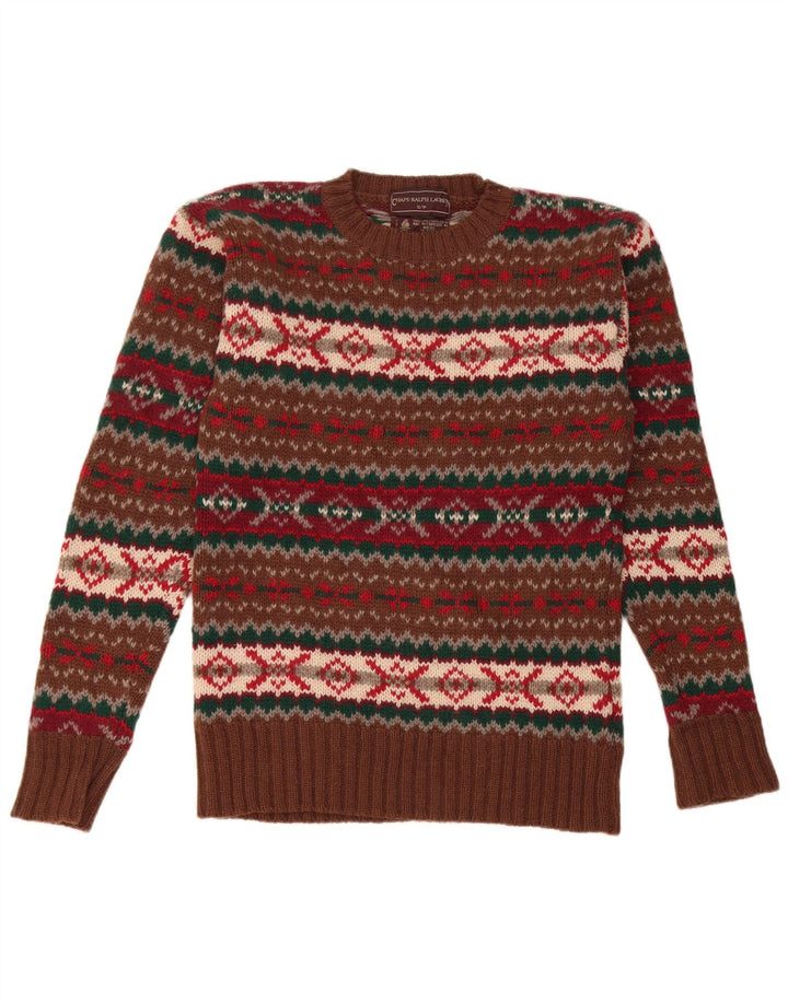 Chaps Pull col rond pour homme en laine vierge Fair Isle Marron Taille S