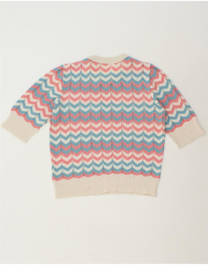 VINTAGE Pull col bateau femme UK 12 Chevron multicolore moyen