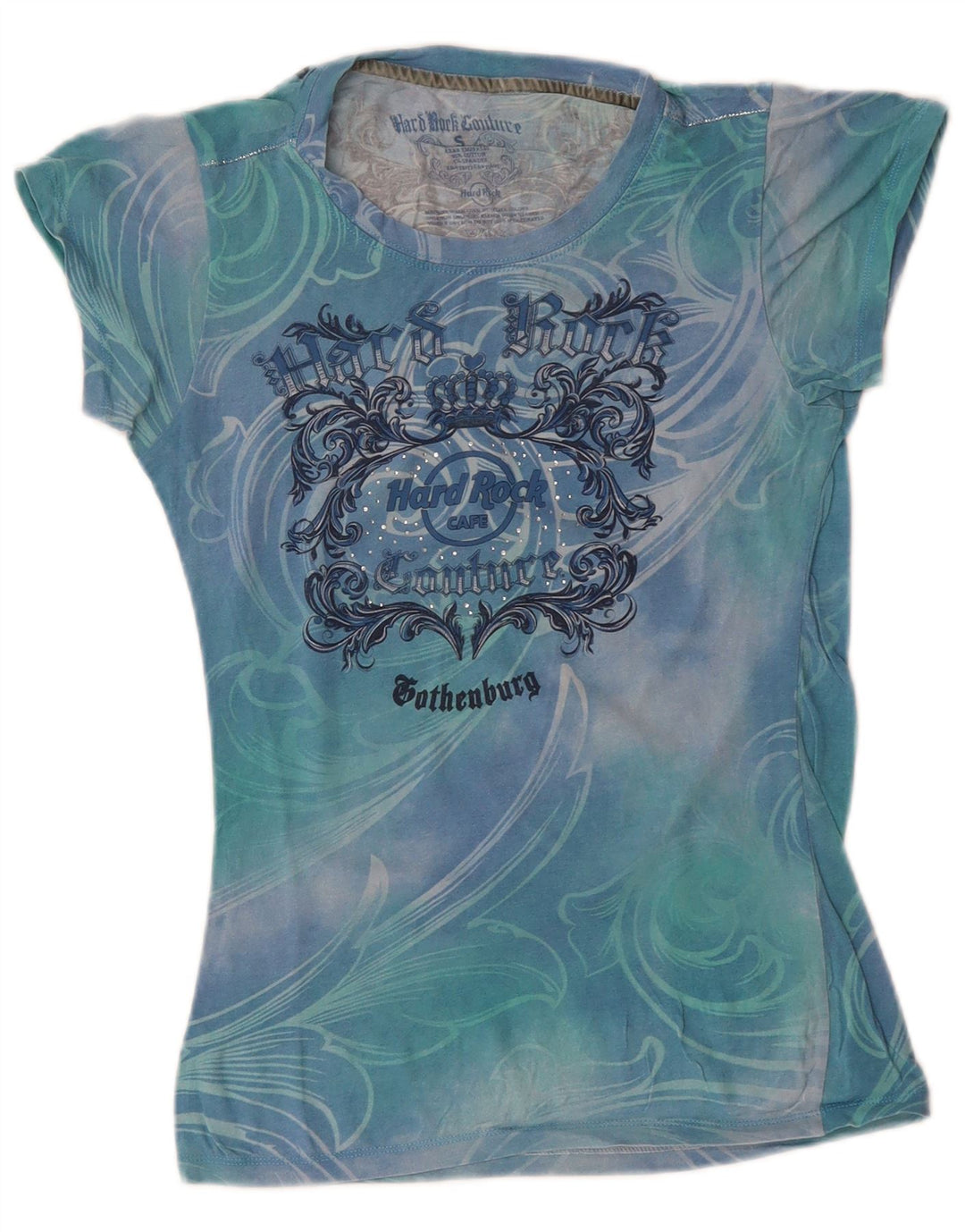 HARD ROCK CAFE T-shirt graphique Couture pour femme UK 8 Small Blue Tie Dye