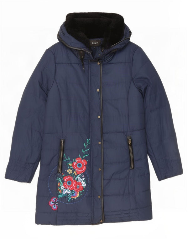 Desigual Manteau rembourré à capuche pour femme EU 46 XL Bleu marine Floral Polyester