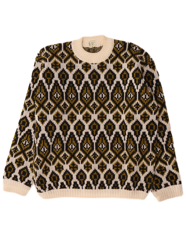 vintage Femmes Turtle Neck Jumper Pull Moyen Off White Fair Isle