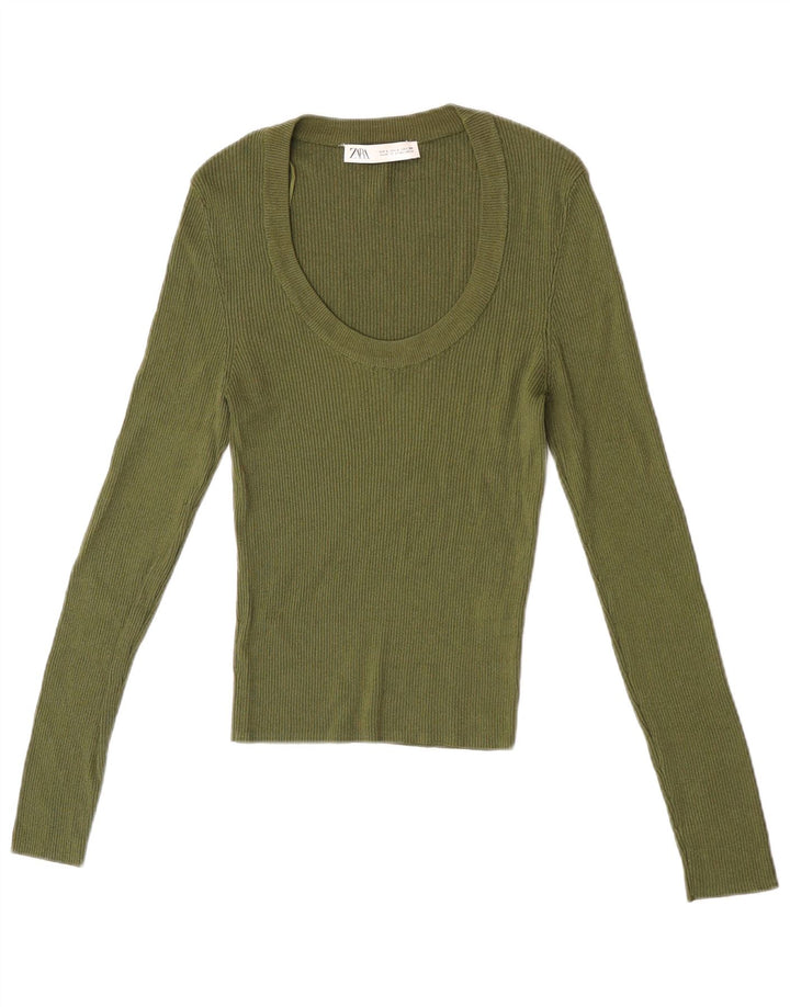 Zara Femme Top Manches Longues UK 14 Large Kaki Viscose