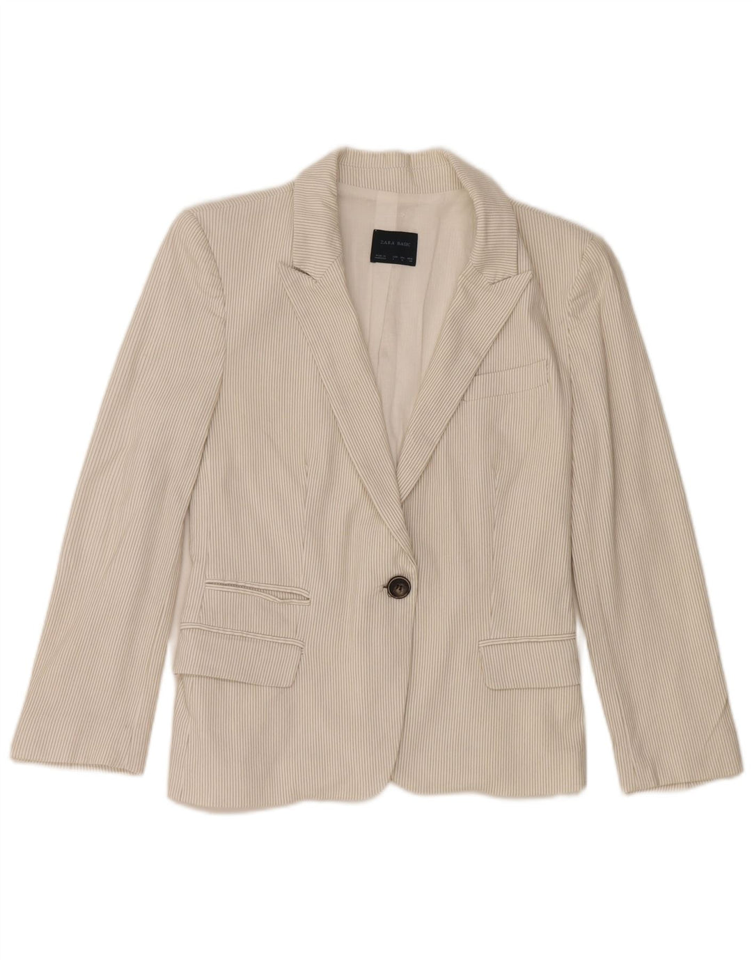 Zara Womens 1 Button Blazer Jacket UK 14 Large Off White Pinstripe Coton