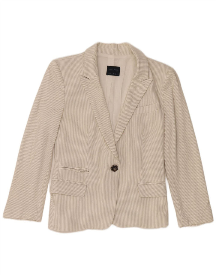 Zara Womens 1 Button Blazer Jacket UK 14 Large Off White Pinstripe Coton