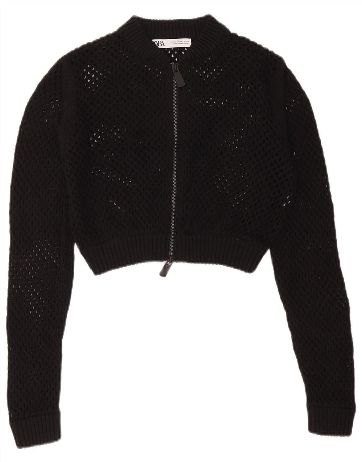 Zara Womens Crop See Through Cardigan Pull UK 12 Moyen Noir