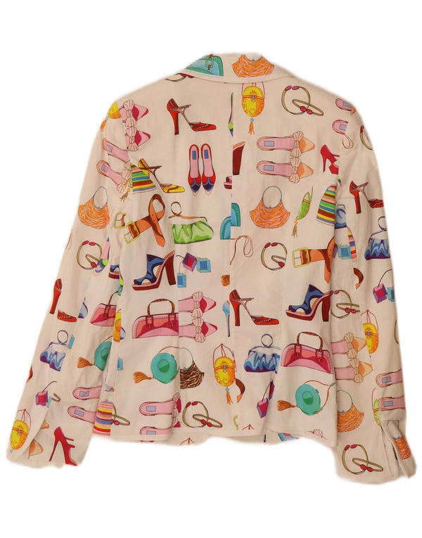 vintage Femmes Motif Abstrait Blazer Veste UK 12 Moyen Blanc Coton