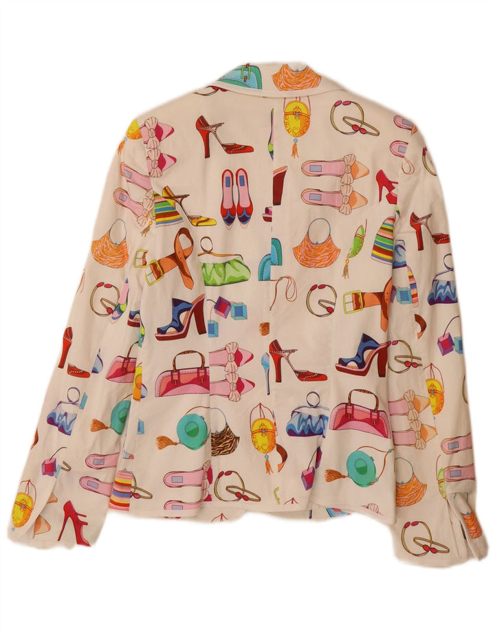 vintage Femmes Motif Abstrait Blazer Veste UK 12 Moyen Blanc Coton