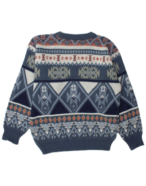 vintage Mens Loose Fit Crew Neck Jumper Pull UK 34/36 XS Bleu Fair Isle