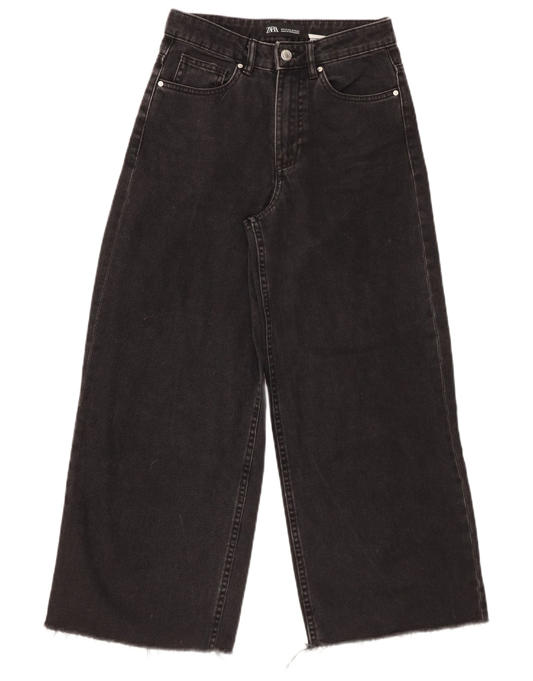 ZARA Jean court taille haute à jambe large pour femme W22 L25 en coton noir
