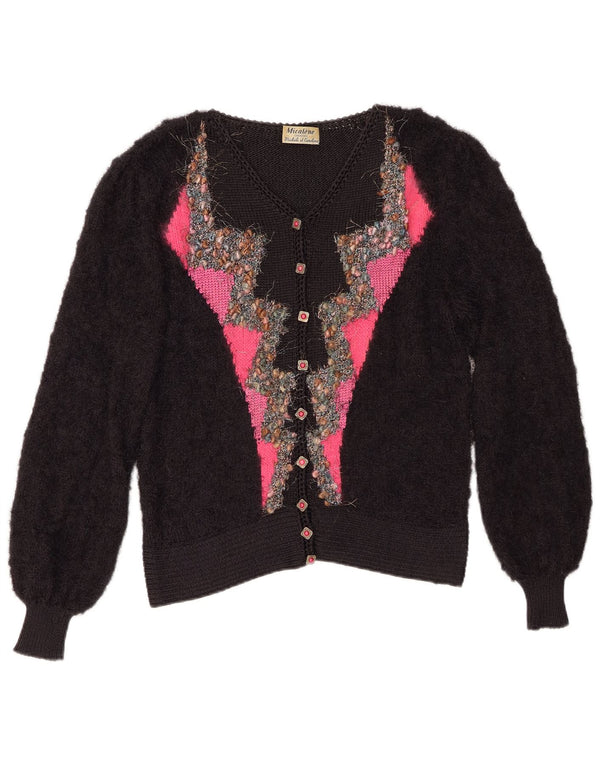 vintage Femme Cardigan Pull UK 14 Medium Black Colourblock