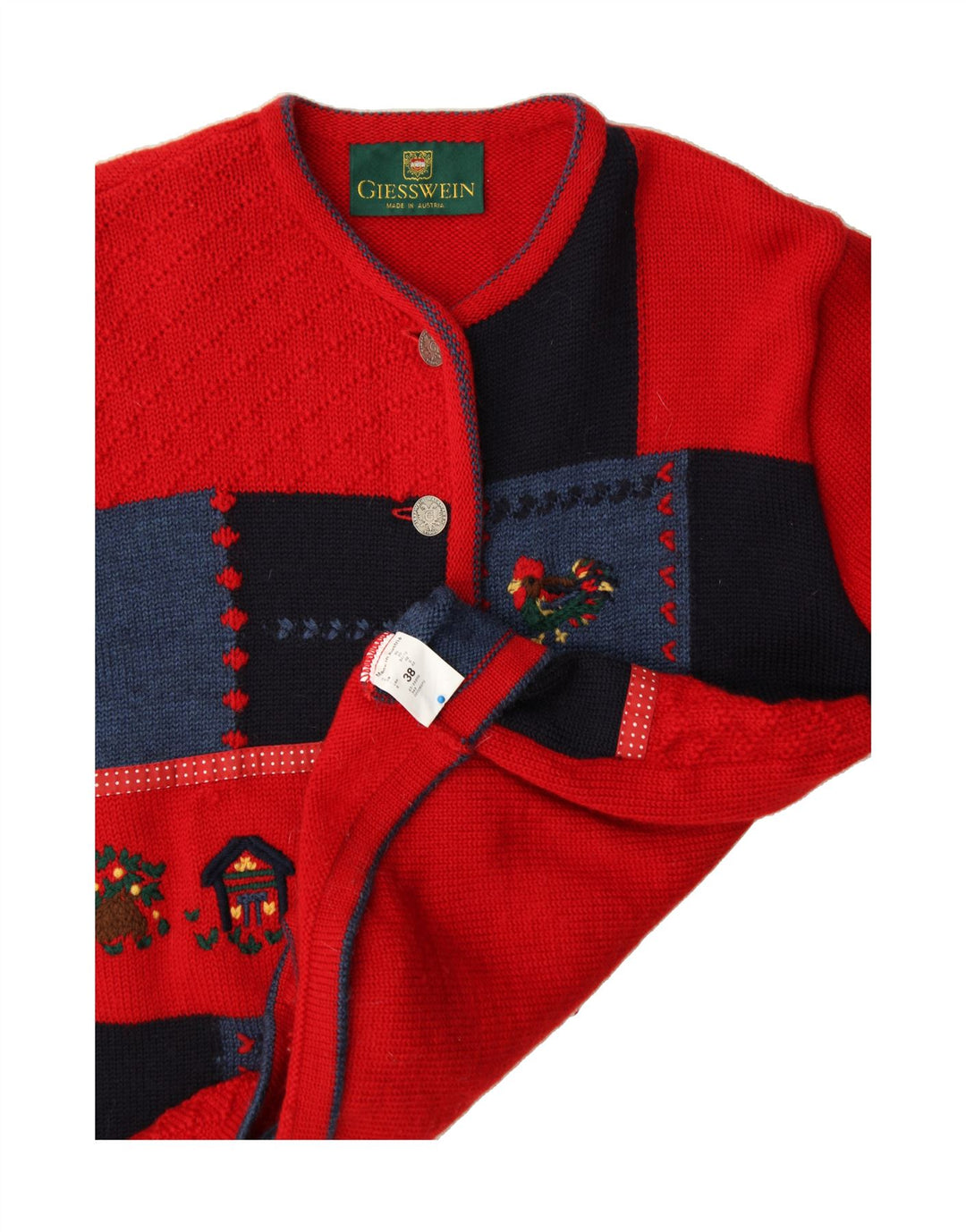 GIESSWEIN Pull Cardigan Femme UK 12 Rouge Moyen Patchwork Laine Vierge