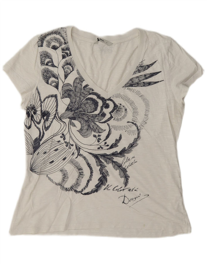 Desigual T-shirt graphique pour femme UK 16 Large Blanc