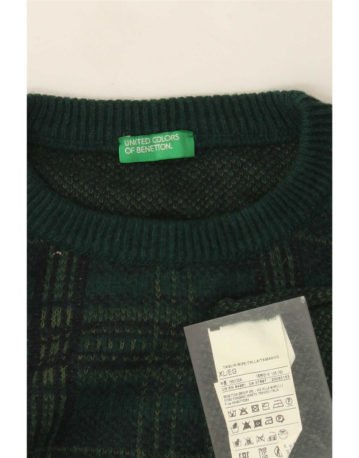 Benetton Pull col rond homme XL laine à carreaux vert