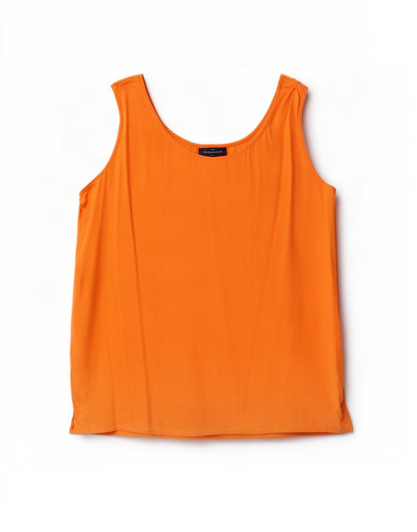 vintage Femme Blouse Sans Manches Top UK 12 Soie Orange Moyenne