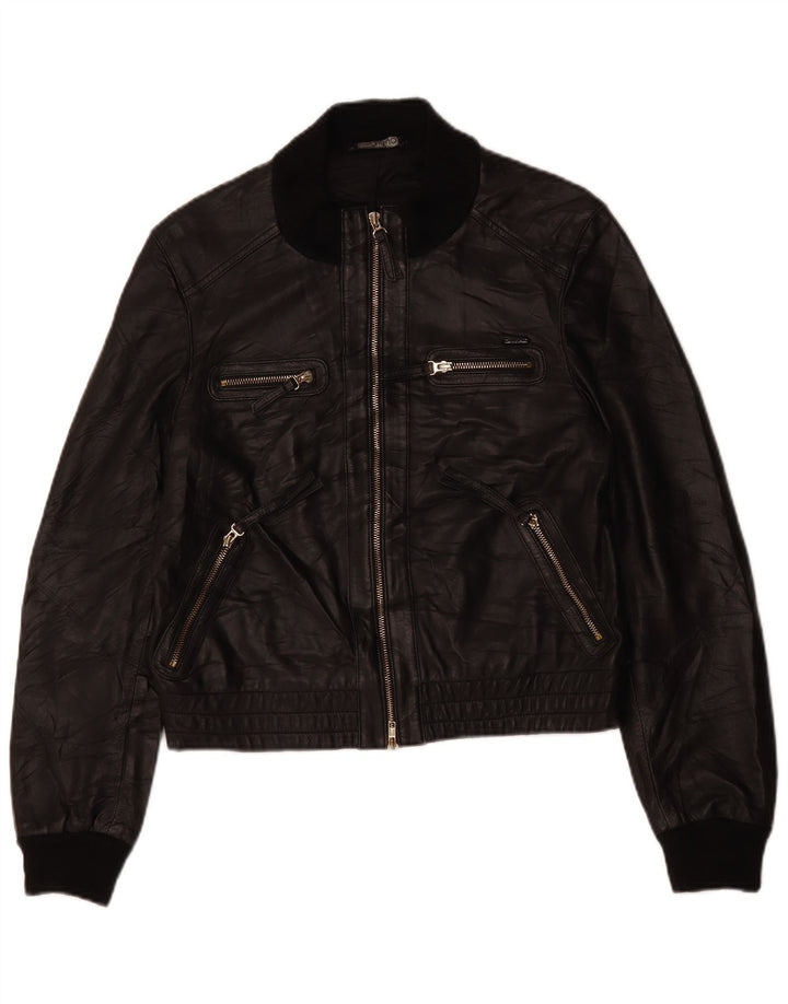 LIU JO Womens Crop Leather Jacket IT 48 XL Black Leather