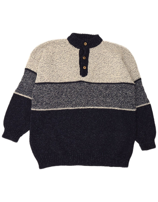 Pull vintage à col boutonné pour homme 2XL Bleu marine Colourblock