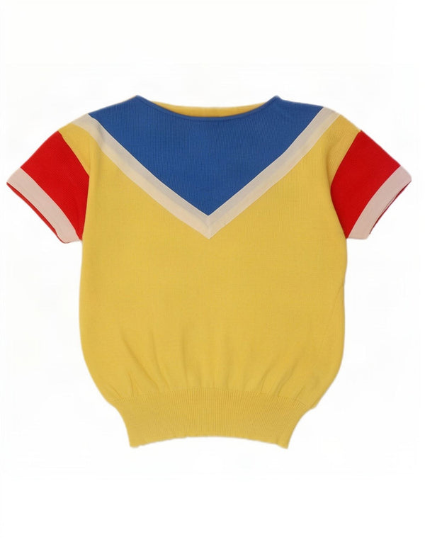 vintage Womens Boat Neck Jumper Sweater UK 10 Petit Colorblock Jaune