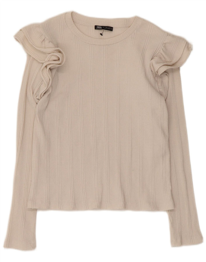 Zara Womens Crop Ruffle Front Top Manches Longues UK 14 Grand Coton Blanc