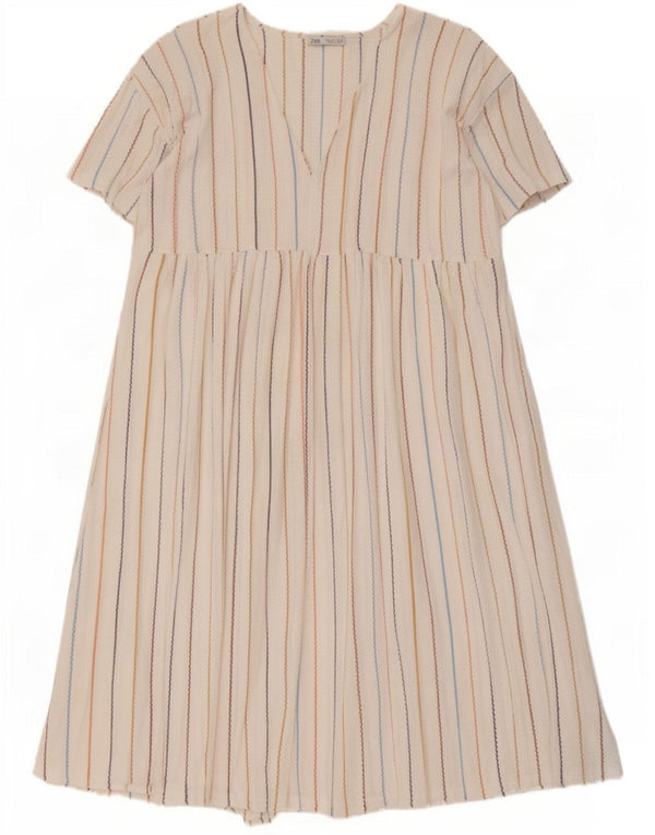 Zara Robe trapèze pour femme UK 46 Grand polyester rayé blanc