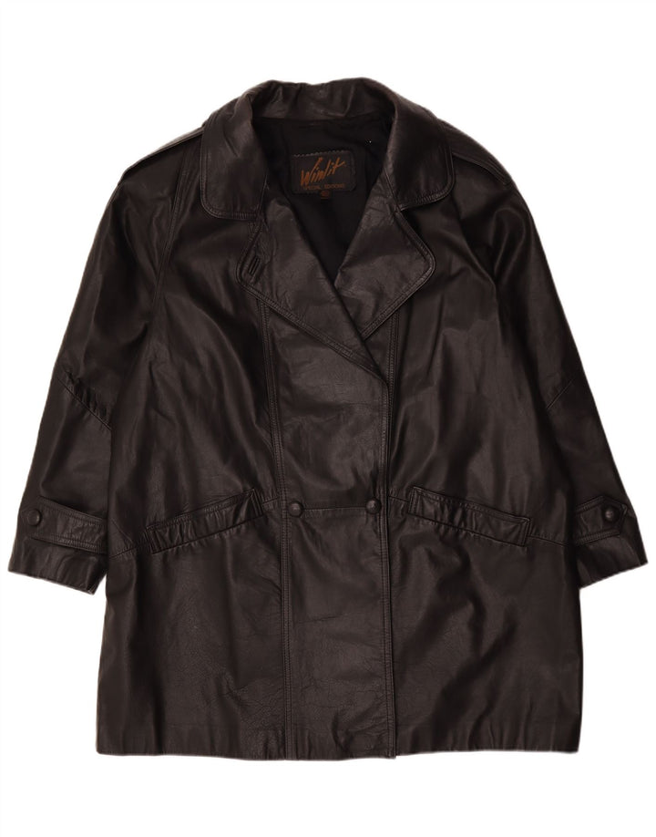 manteau en cuir surdimensionné femme vintage UK 16 Grand Noir