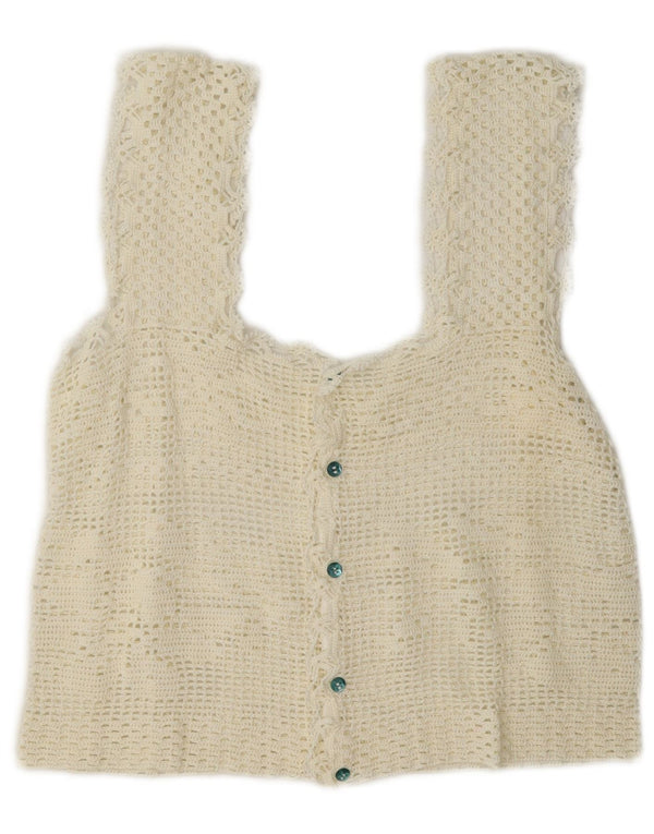 vintage Femmes Crochet Sans Manches Crop Top UK 12 Moyen Off White